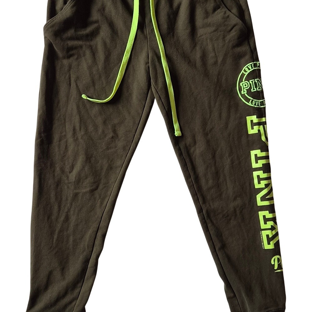 Victoria's Secret PINK Skinny Joggers Olive Green Neon Logo Sweatpants Small